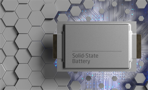 A close-up view of a solid-state battery cell, labeled 'Solid-State Battery', set against a hexagonal and circuit-inspired background.