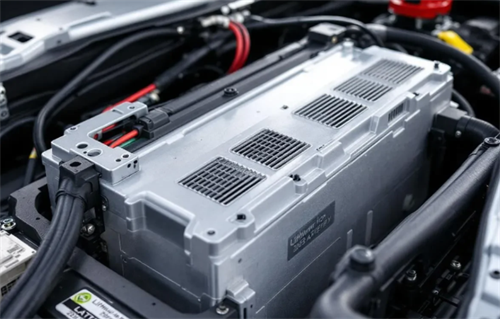 Close-up of an EV's high-voltage charging control unit, illustrating the hardware that must support solid-state battery fast-charging needs.