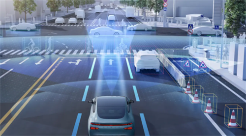 Autonomous car detecting pedestrians, vehicles, and obstacles at an intersection, illustrating how L3 systems handle complex urban scenarios.