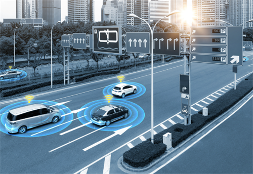 Cars communicating via V2X signals on a city road, representing the connected infrastructure supporting L3 rollout in different global markets.