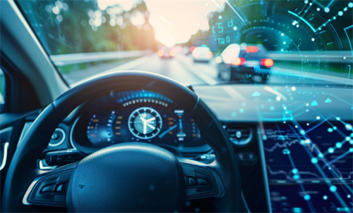 View from a car’s driver seat with an augmented reality heads-up display, representing the technology involved in Level 3 autonomous driving systems.