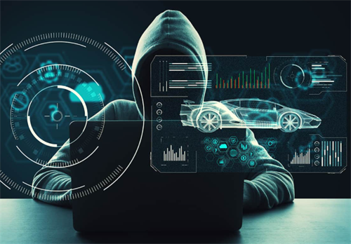 Hacker using a laptop to access a car's digital systems, illustrating the cybersecurity risks of connected autonomous vehicles.