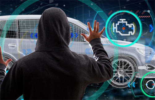 Hooded hacker interacting with a holographic car interface, visualizing the threat of remote vehicle hijacking.