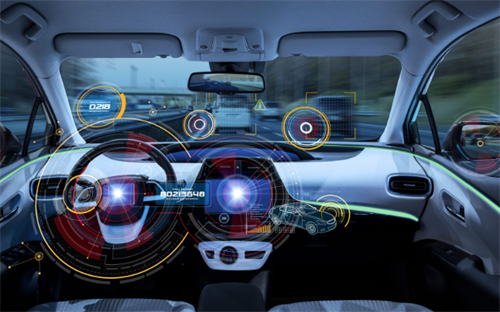 A car cockpit with AR overlays, illustrating how cockpit-driving fusion chips power both infotainment and autonomous driving features.