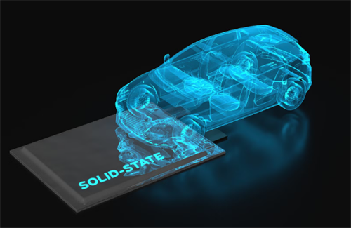 Transparent 3D render of an electric car over a solid-state battery pack, illustrating how solid-state tech could reduce EV weight.