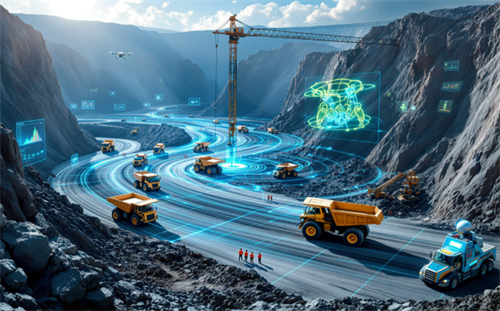 A futuristic view of an automated mine with networked trucks and digital overlays, illustrating how closed environments support safe, profitable autonomous operations.