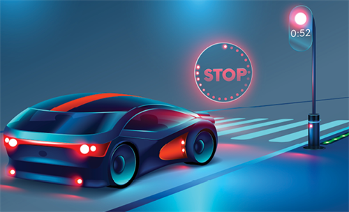 Concept illustration of an autonomous car detecting a red light and stop sign, representing real-time decision-making scenarios that require high computing power.