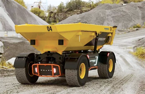 An autonomous Volvo mining truck operating in a quarry, showing driverless vehicles used in closed industrial environments.