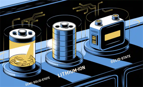 An illustration comparing semi-solid-state, lithium-ion, and solid-state batteries, visualizing the different EV battery technologies available to consumers.