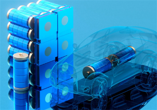 Visualization of various EV battery cell formats alongside a transparent electric car, showing how combustion engine suppliers can pivot to solid-state battery components.